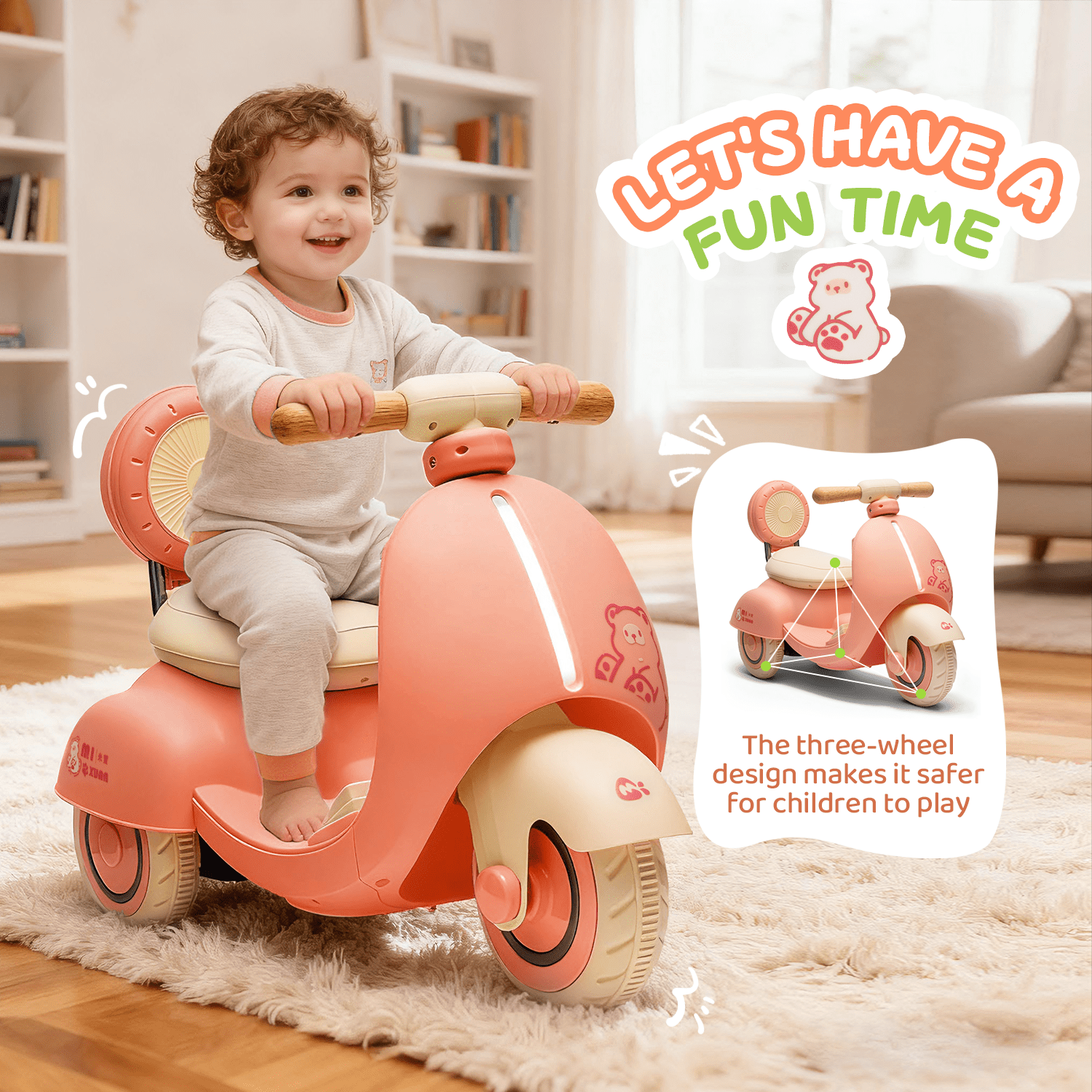 Track Seven 12V Ride on Motorcycle, 3-Wheel Toddler Electrc Scooter with Remote Control, Bluetooth, Wide Seat, Wooden Handle, Slow Start, Electric Motorycle for Boys Girls Aged 1-3 Years, Pink