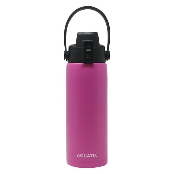 Aquatix (Pink, 21 Ounce) Pure Stainless Steel Double Wall Vacuum Insulated Sports Water Bottle Convenient Flip Top Cap Removable Strap Handle - Keeps Drinks Cold 24 hr/Hot 6 hr