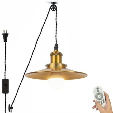 Kiven 1-Light Plug in Pendant Light,Industrial Pulley Hanging Light with 15FT Cord, Remote Control, Dimmable Ceiling Pendant Light , Gold Finish