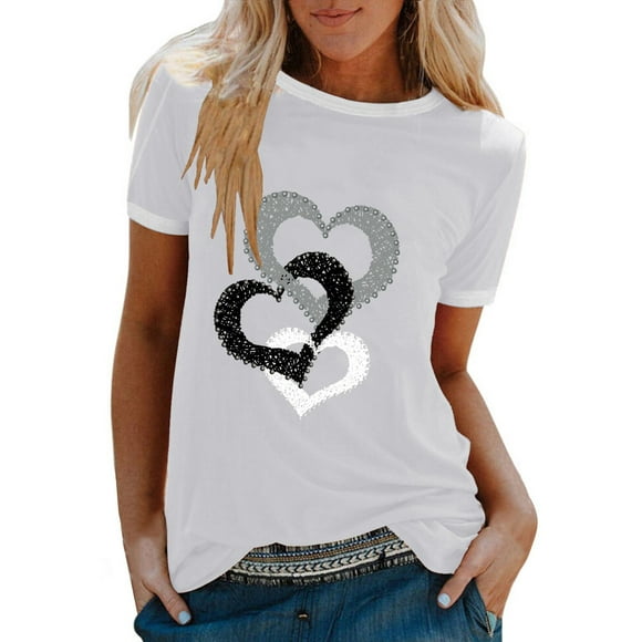 TSADFHJI Peplum Tops for Women Dressy Women's Casual Round Neck Short Sleeve T Shirt with Heart Print M White