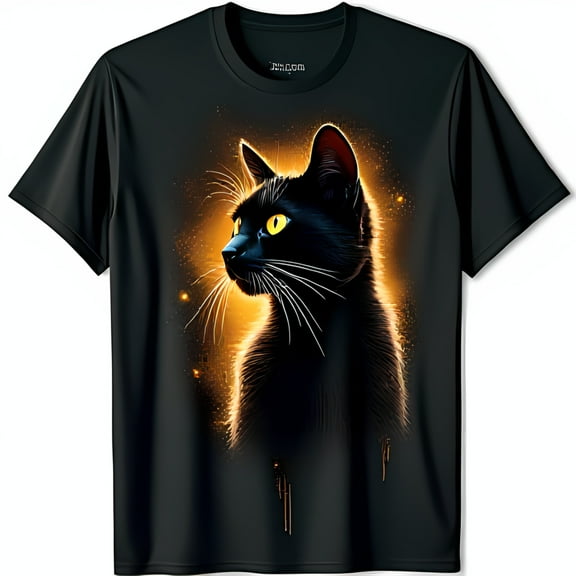 Black T-Shirt with Striking Black Cat Graphic & Yellow Glow for Cat Lovers