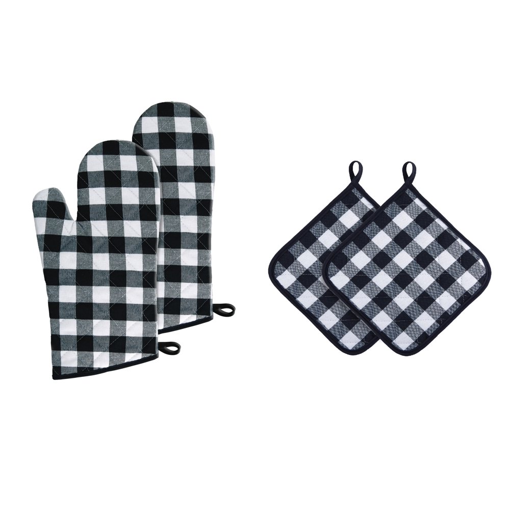Traditional Elegance Buffalo Check Set of 2 Oven Mitts and 2 Pot Holders Black / White