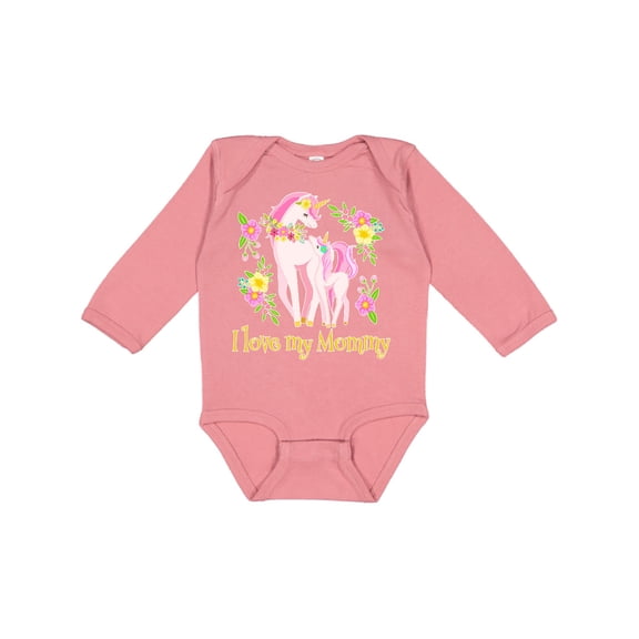 Inktastic I Love My Mommy Unicorn with Pink and Yellow Flowers Boys or Girls Long Sleeve Baby Bodysuit