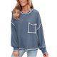 thumbnail image 1 of Blusa de mujer Fibra de poliéster Cuello redondo Hombro caído Camisa femenina informal de manga larga para otoño invierno Azul S, 1 of 6