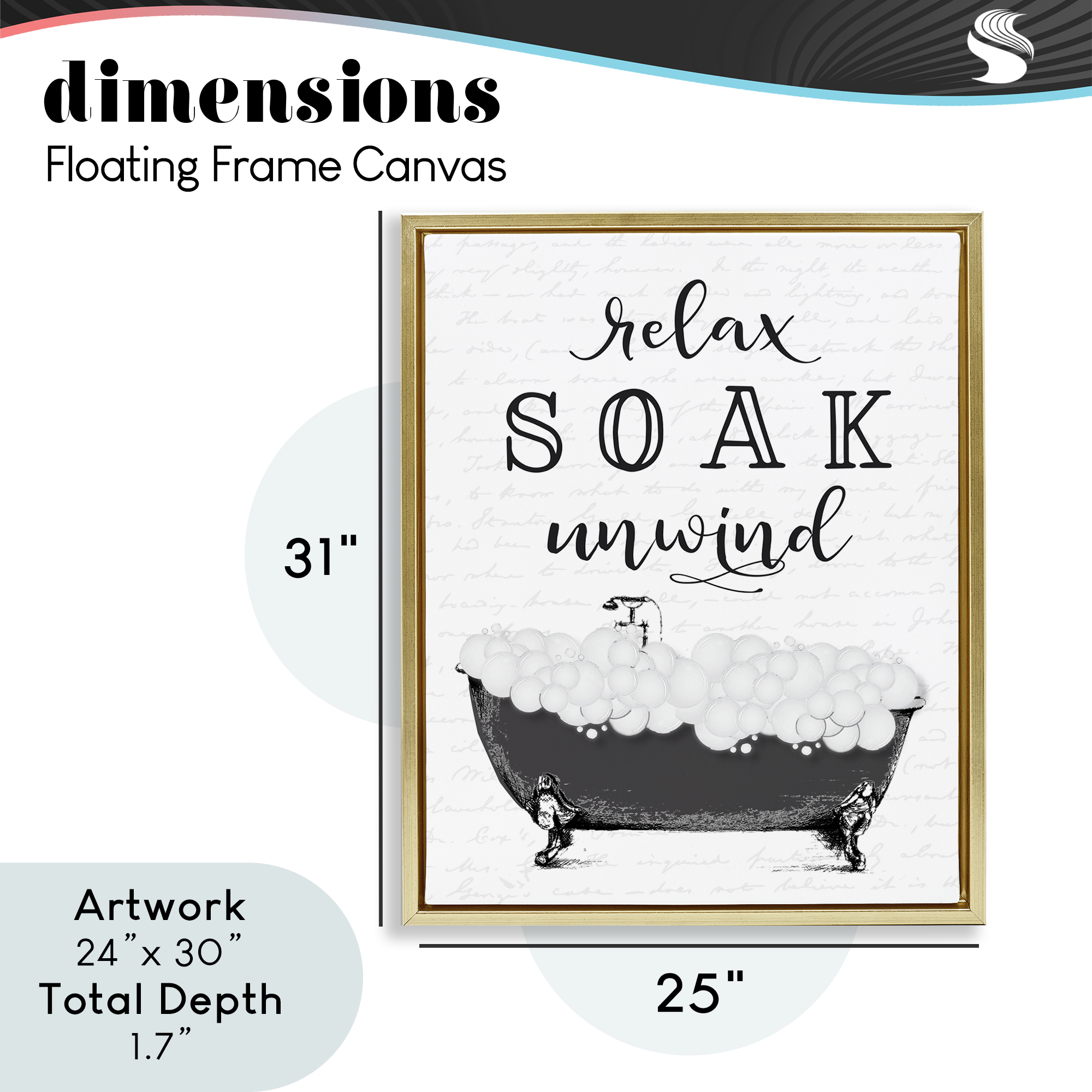 Soak Unwind Bubble Bath Gold Framed Floater Canvas Wall Art, design by Lettered and Lined