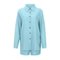 thumbnail image 4 of JIAYUE Women 2 Piece Outfits Sets Long Sleeve Casual Lapel Spring Summer Fall Everyday Wear Button Down Shirt With Comfortable Shorts Loungewear Female Breathable Clothing Set, 4 of 9