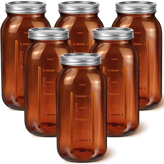 6 Pcs 64 oz Glass Mason Jars Glass Mason Jars Canning Container Set Embossed Half Gallon Fermenting Container with Airtight Lids for Canning Freezing Preserving Beverages Decor (Amber)