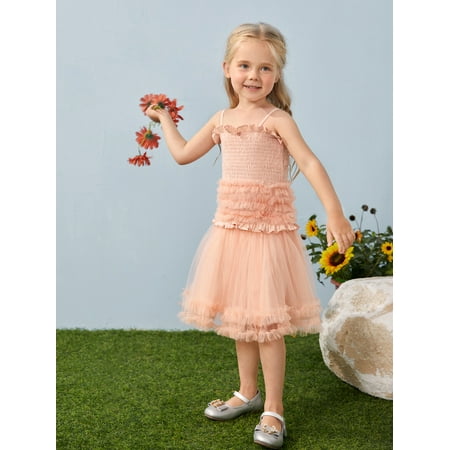 

Toddler Girl Shirred Cami Top Frilled Mesh Skirt Set Coral Pink Cute A040W