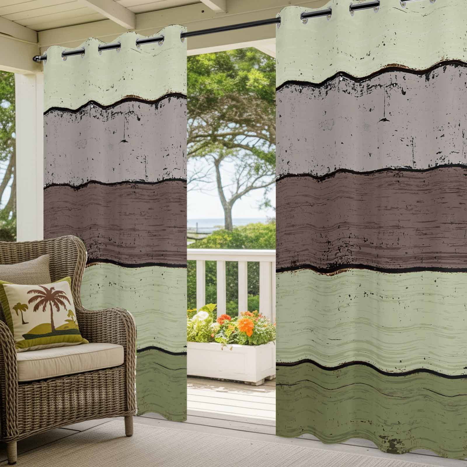 Outdoor Curtains for Patio Waterproof, Sage Green Grey Windproof Pravicy Outside Porch Blackout Curtain, Vintage Stripe Farmhouse Wood Grain Sun Blocking Grommets Curtains for Cabana 2 Panels 54"x84"