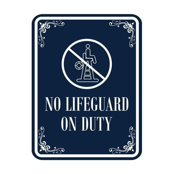 Signs ByLITA Portrait Round No Life Guard On Duty Door or Wall Sign Durable ABS Plastic | Laser Engraved | Easy Installation | Pool Safety Sign (Navy Blue / White) - Large