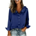 thumbnail image 2 of Dressy Casual Blouses Women Button Down Silk Satin Shirt with Ruffled Collar Long Sleeve Business Office Wear (L, Navy), 2 of 7