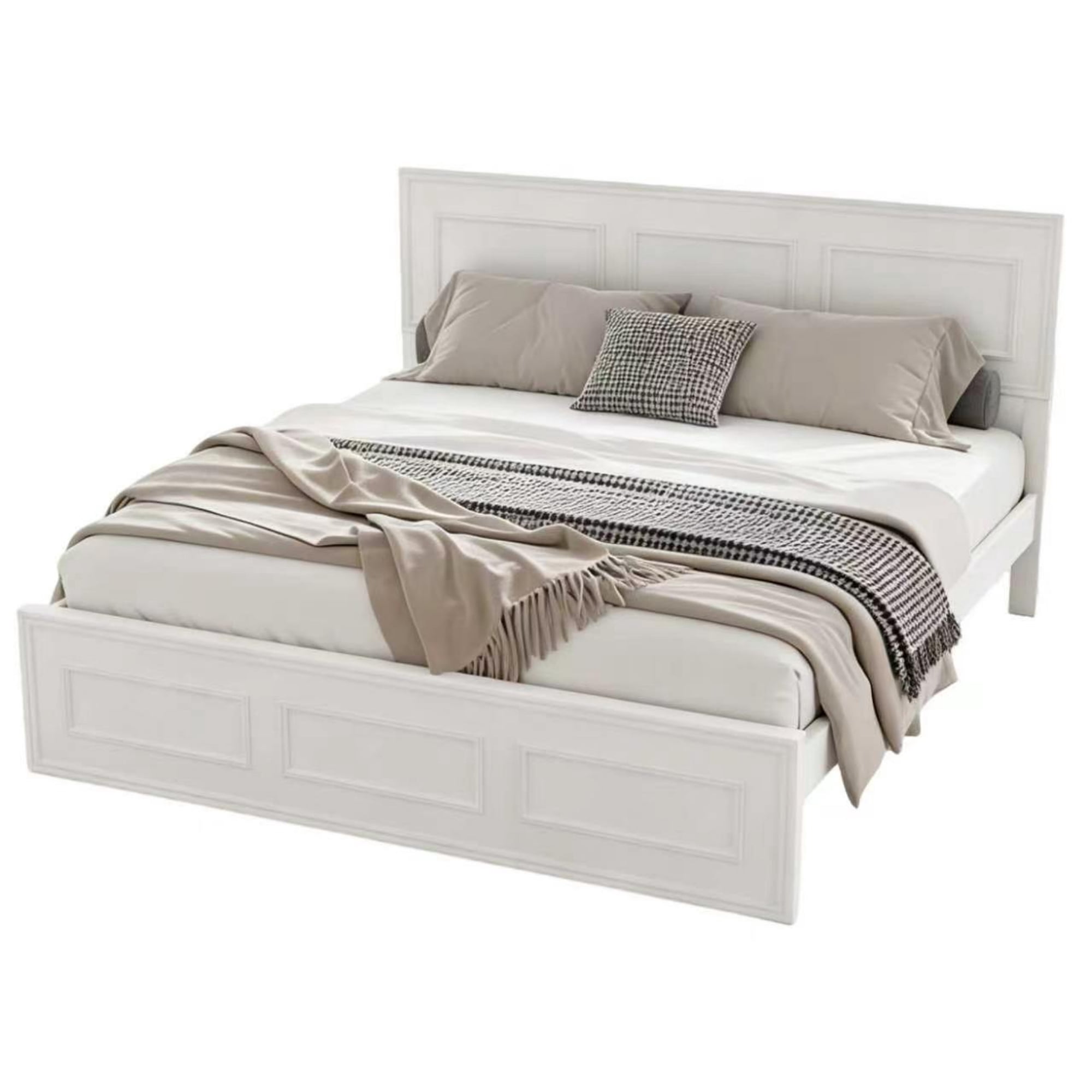 Queen Bed Frame with Adjustable Height Headboard and Geometric Panel Design, Wood Platform Bed and Mattress Foundation with Strengthened Frame, White