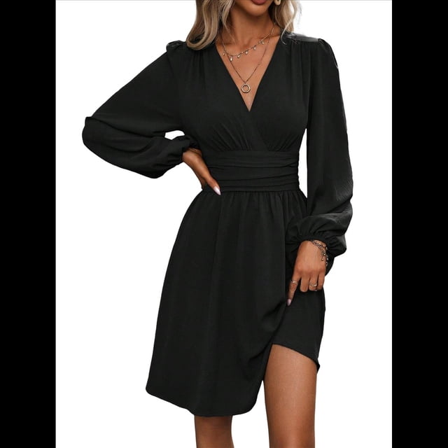 Vestido Elegante para Mujer, Cuello en V, Larga, Cintura Alta, Corte Holgado, para Fiesta de Graduación, Cóctel, Corto Negro M