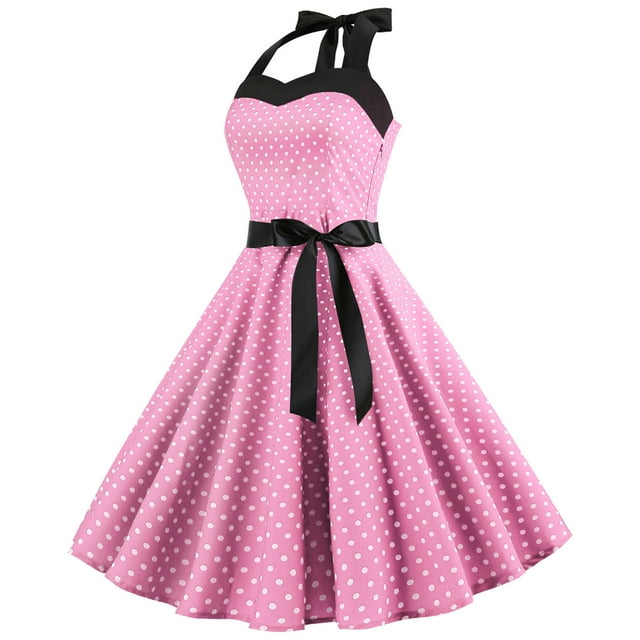 Robe à Manches Courtes pour Femmes Mode Robe Vintage Évasée Ligne A Licou Nœud Papillon Bal Swing Manches Courtes Imprimé à Pois Robe de Soirée