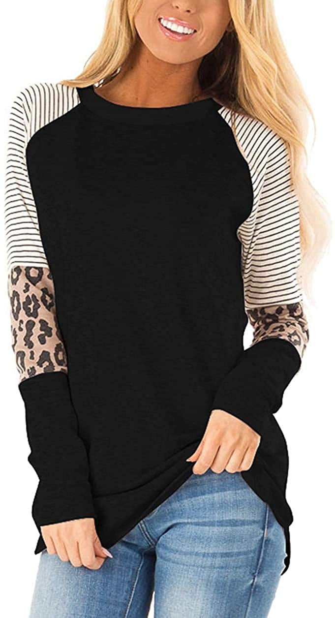 Womens Leopard Lantern Sleeve Stripe Raglan Loose Color Block Tunic Shirts Comfy Round Neck Sweatshirt Tunic Top Womens Leopard Lantern Sleeve Stripe Raglan Loose Color Block Tunic Shirts Comfy Round Neck Sweatshirt Tunic Top
