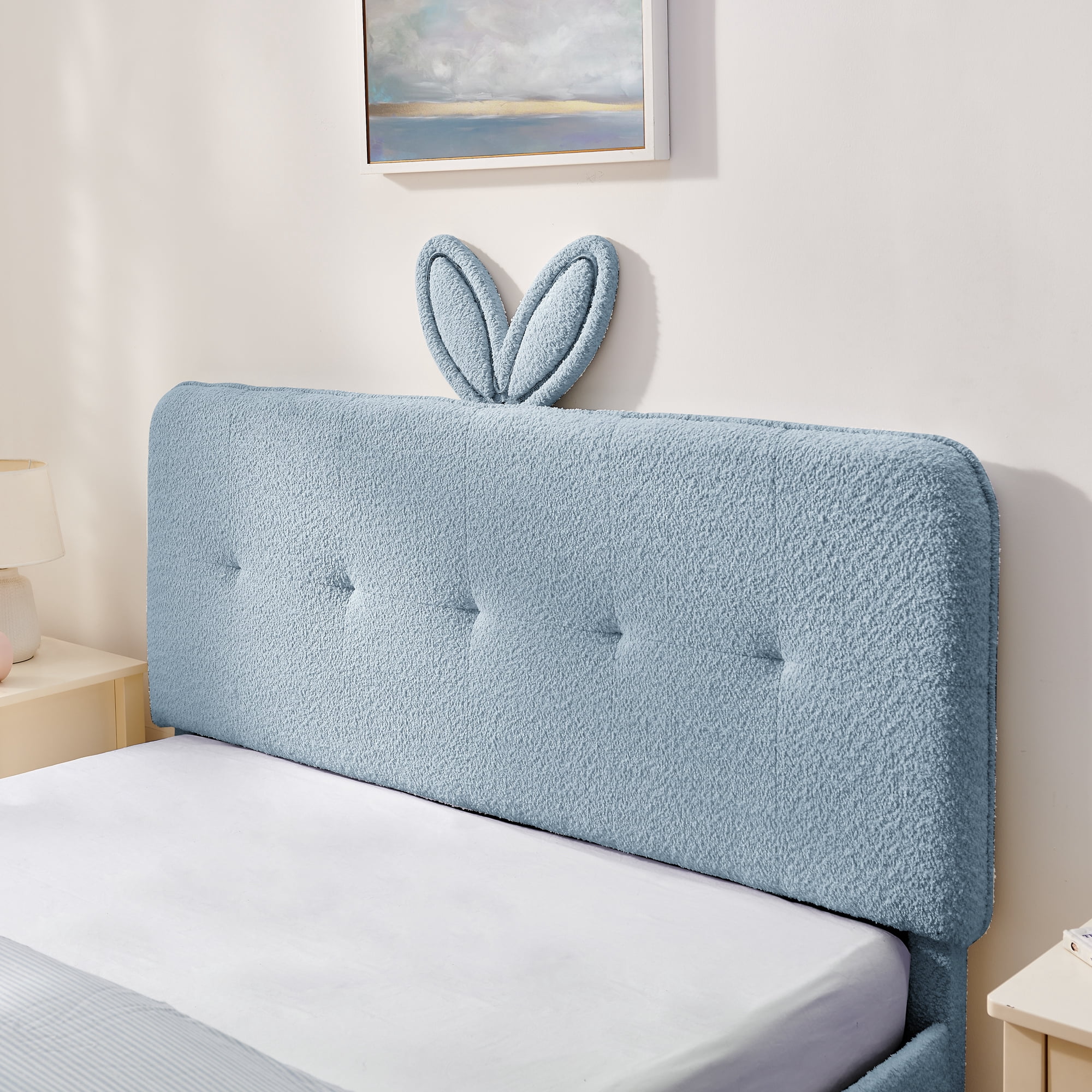 Mintazer Queen Upholstered Kids Bed with Oversized Rabbit Ear Headboard, Boucle Fabric Platform Bed with LED Headboard & 4 Storage Drawers, Blue