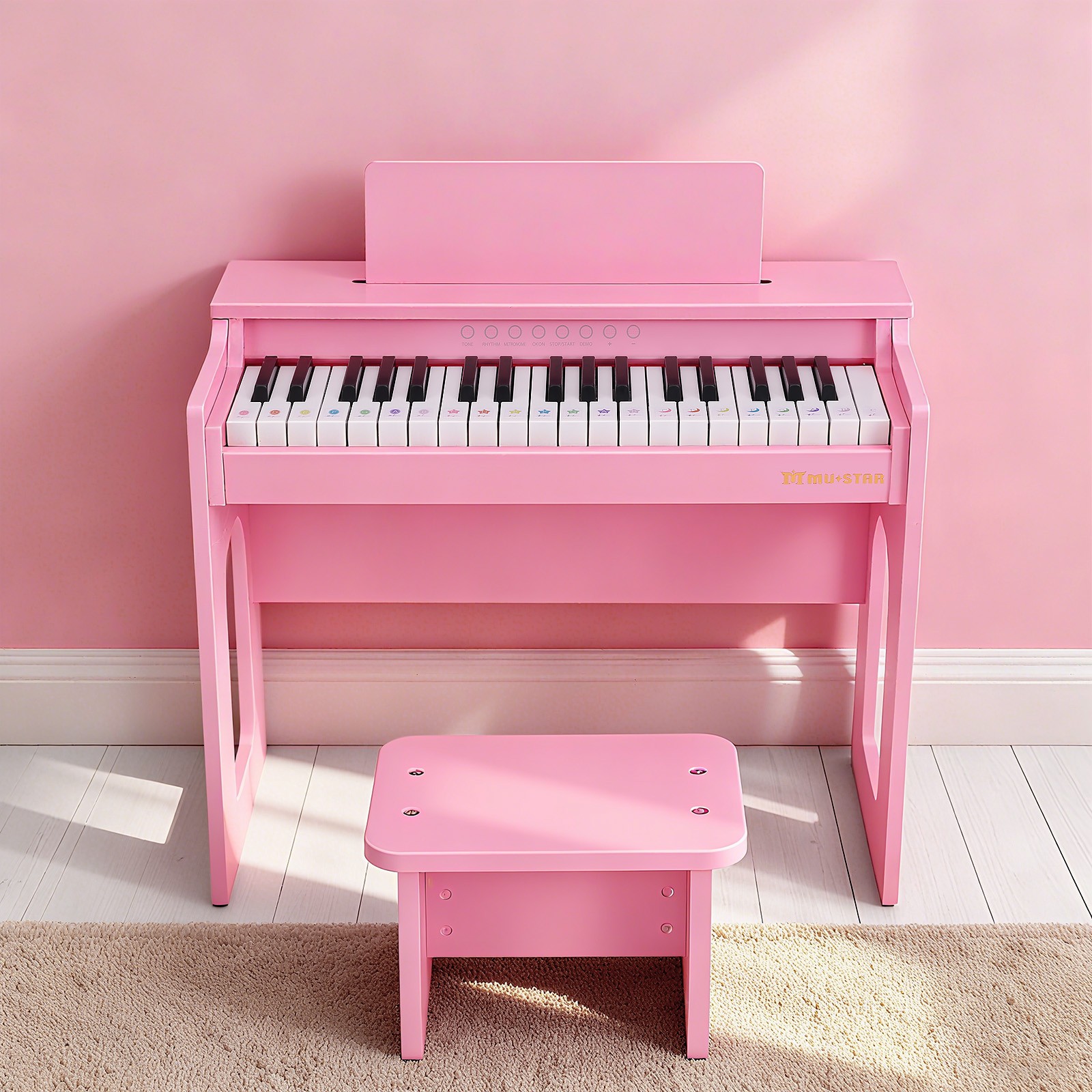 Pink 37Keys Kids Digital Piano Keyboards Wooden Toys Toddler Gifts for Music Education w/Bench,Stickers