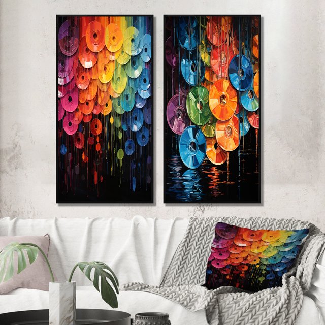 Designart "Shimmering Beats Compact Discs wall art II" Compact Discs Framed Wall Art Set Of 2 - Multi-Color Fashion Framed Canvas Set For Living Room Decor