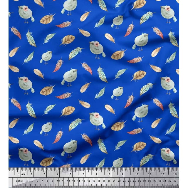 Soimoi Blue polyester Crepe Fabric Bird & Feather Print Fabric by the Yard 52 Inch Wide
