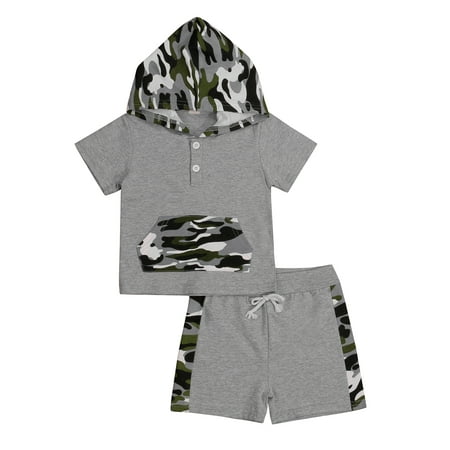 

Farrubbyine8 Baby Boy Outfits Short Sleeve Hoodie Top Lace Up Shorts Set 2Pcs