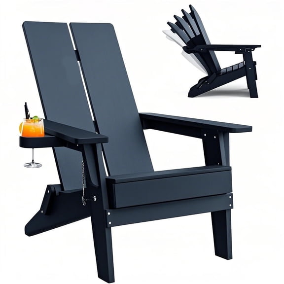 Plastic Adirondack Chair Folding Lawn Chaise Chair with Cup Holder,for Outdoor Balcony Garden,Black