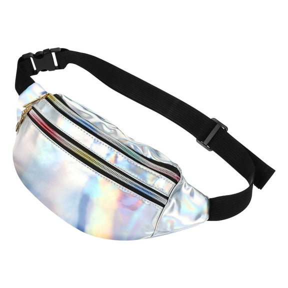 LUOEM 1PC Fashion Holographic PU Leather Shining Fanny Pack Waist Packs for Women Girls (Silver)