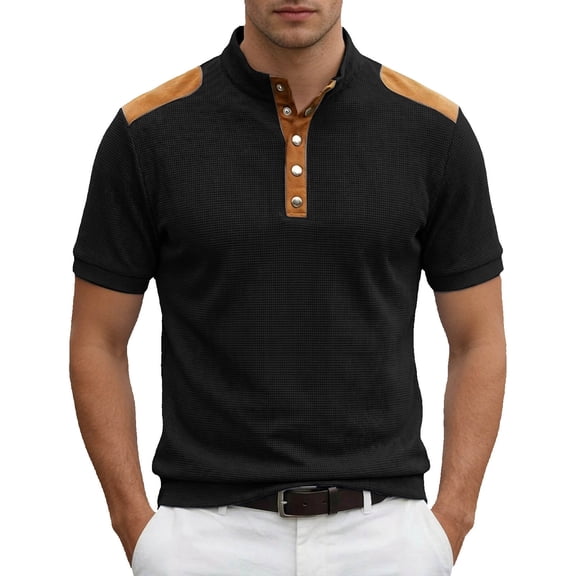 FUZHIQ Men's Stand Collar Short Sleeve Polo Shirts Slim Fit Contrast Shoulder Patch, Breathable Soft Multi Colors for Summer Business Casual Daily Wear,XXXL