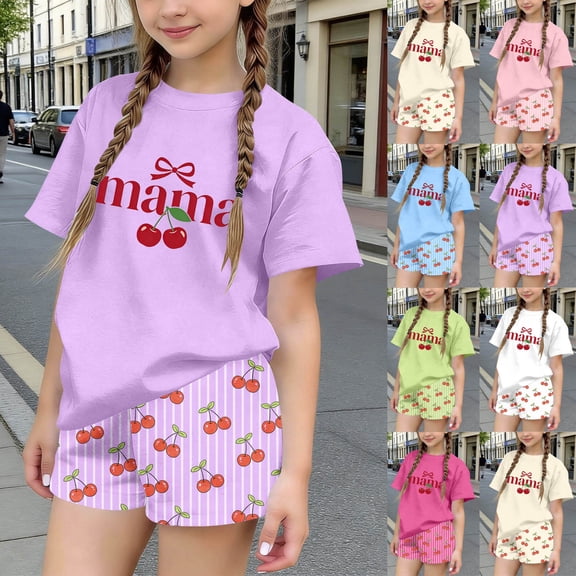 Afuyipoi Boys Girls Letter Print Short Sleeve T-Shirt and Elastic Waist Shorts 2-Piece Casual Outfit Set, Soft Rayon Blend Playwear Blue Size 7-8 Years