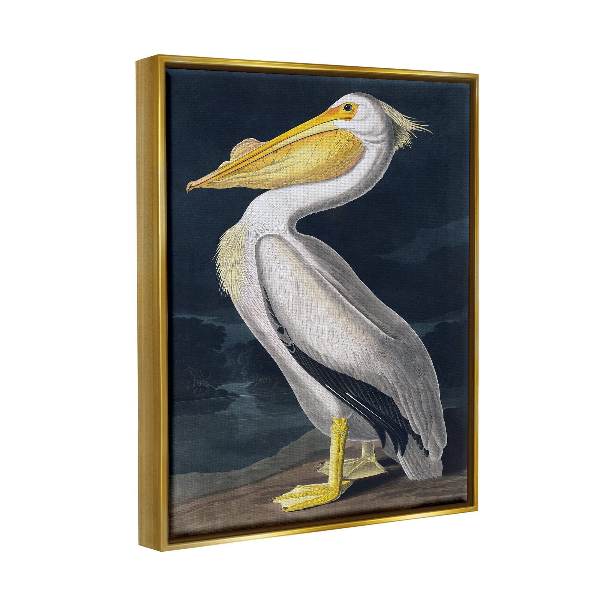 Stupell Industries Pelican on Night Shore Animals & Insects Painting Gold Floater Framed Canvas Art Print Wall Art, 17 x 21