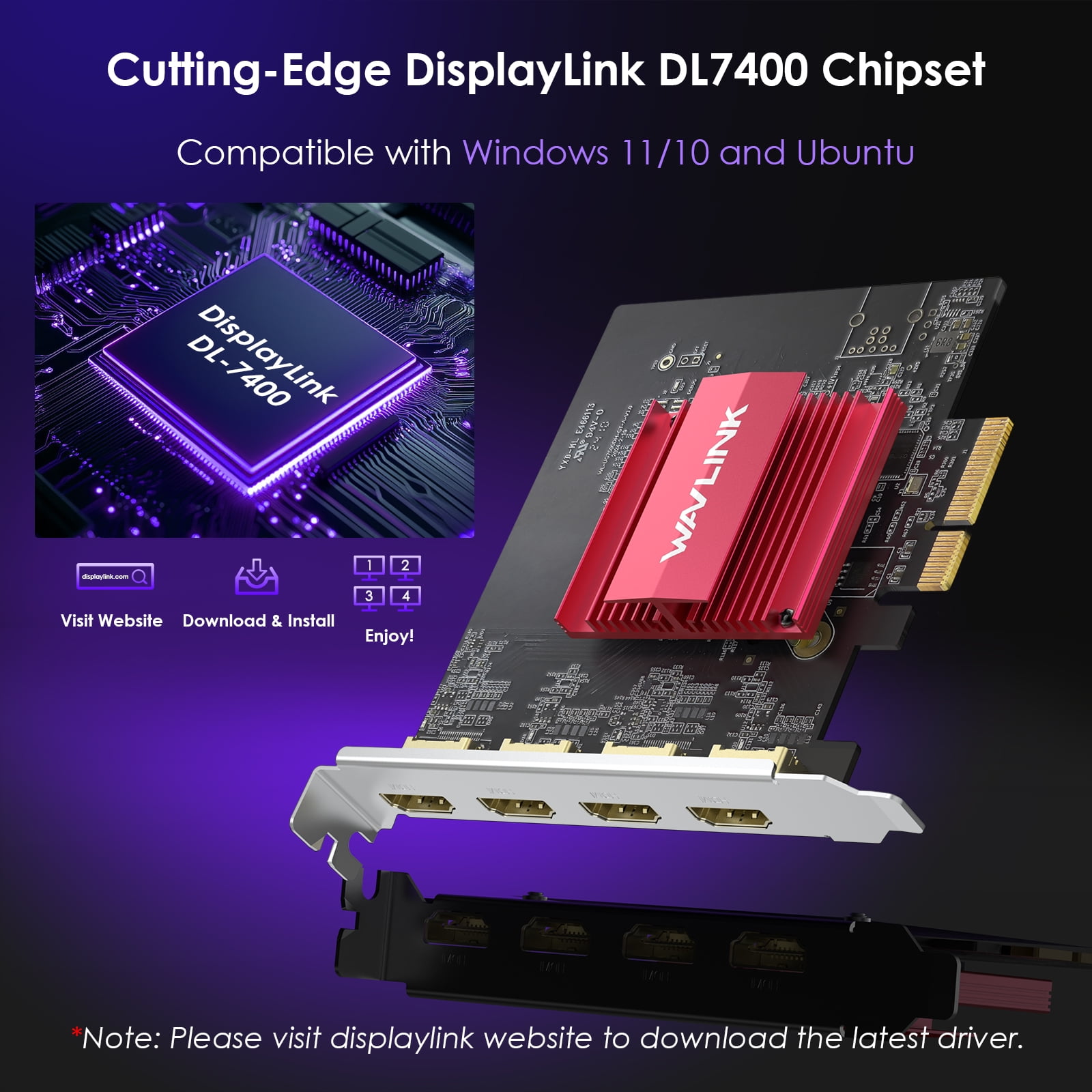 WAVLINK PCIe 3.0 to Quad 4K@60Hz HDMI Graphics Card - Global Debut with DisplayLink DL7400, 4 HDMI Ports, PC Video Card with Standard Profile, Supports Multiple Monitors for Windows 11/10 & Ubuntu