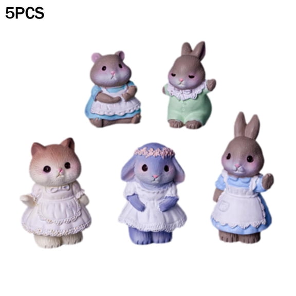 Vintage Animal Figurines Set of 5, Resin Miniature Fairy Tale Mice Rabbit Kittens for Home Decor Craft, 1.34x0.94 Inch