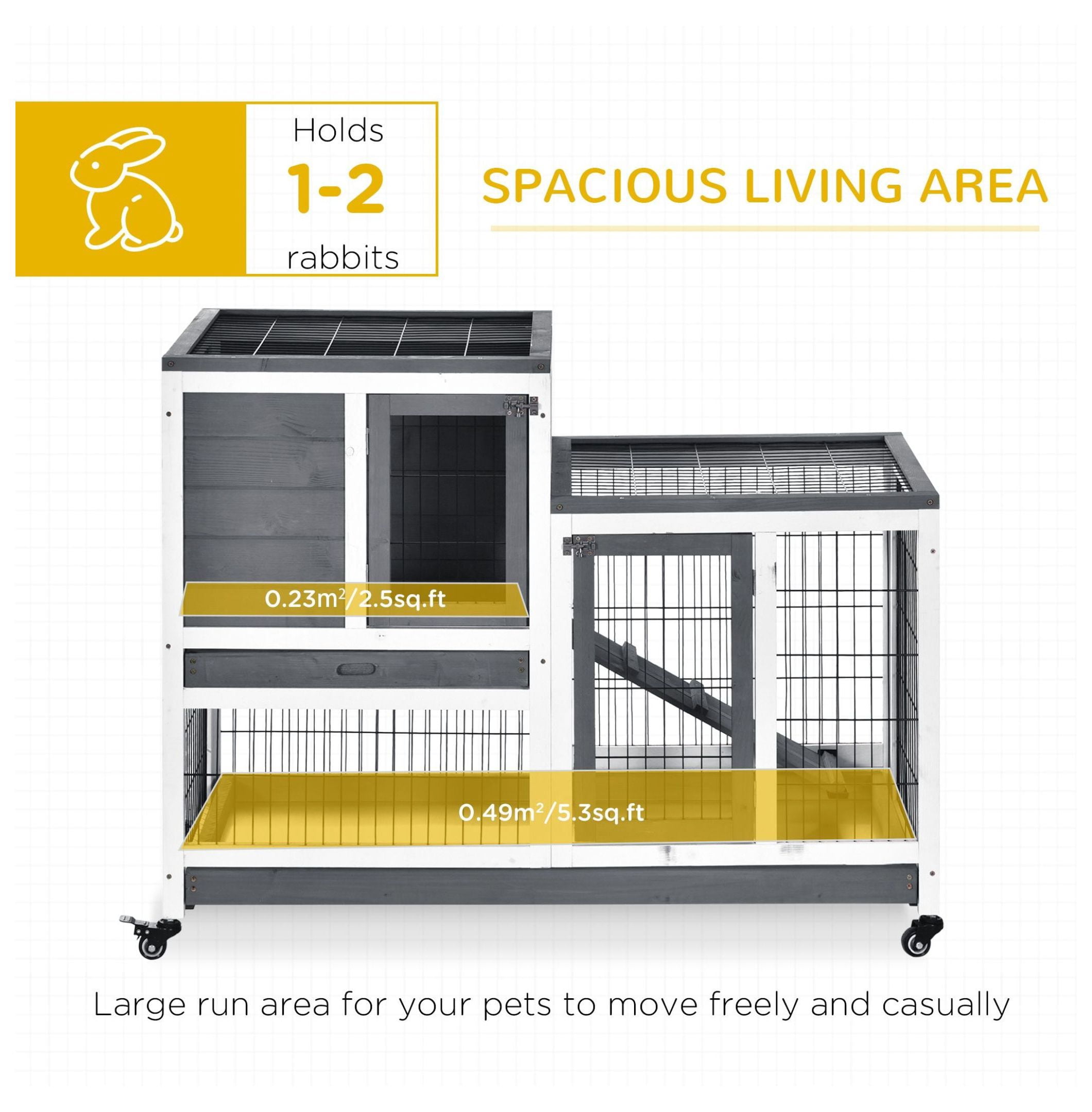 Elevated Bunny Cage Indoor Rabbit Hutch with Wheels Ramp Removable Tray for Guinea Pigs Gray