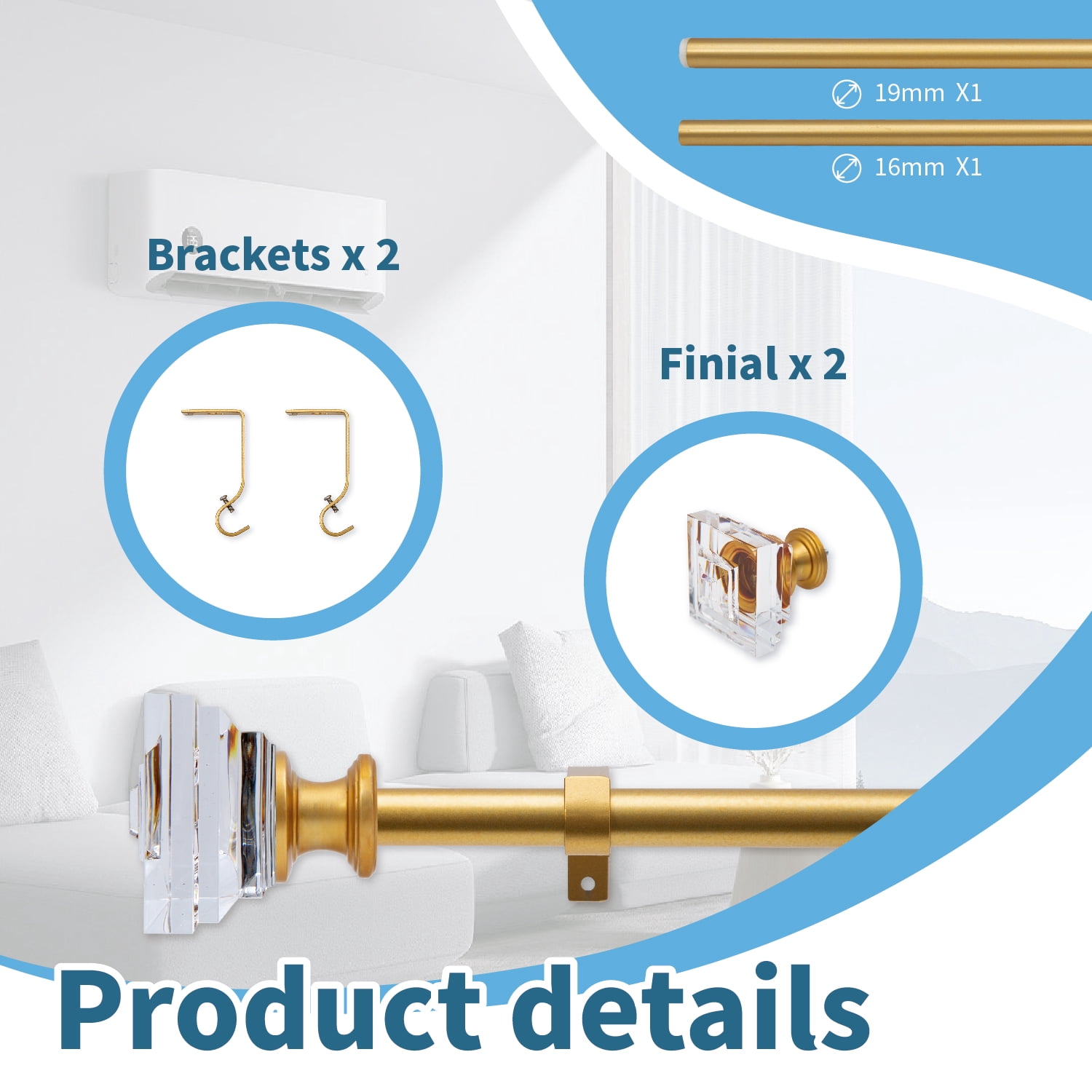 Curtain Rod Adjustable Window Drapery Rods with clear acrylic plexiglass square finials, 3piece brackets, hardware kits. Gold 28-48 inches.