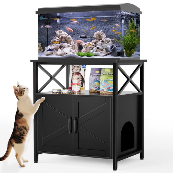 GDLF 20-29 Gallon Fish Tank Stand, Aquarium Stand with Storage Cabinet and Cat Litter Box Enclosure, Black