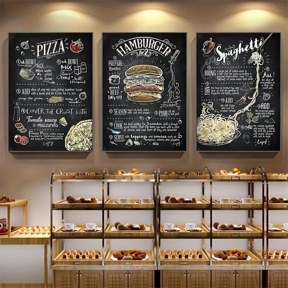 3pcs Unframed Poster, Fast Food Vintage Oil Painting, Wall Decor Vintage Canvas Poster, Fast Food Hamburger Pizza Poster, Restaurant, Home, Bar, Cafe, Kitchen Decor