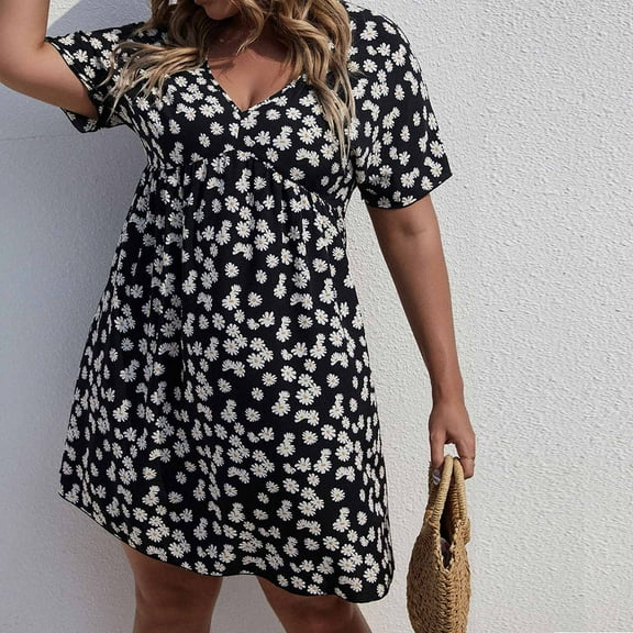 Summer Saving! Fashion Dresses for Womens 2025 Plus Size Casual Printing Short Sleeve V-Neck Dress