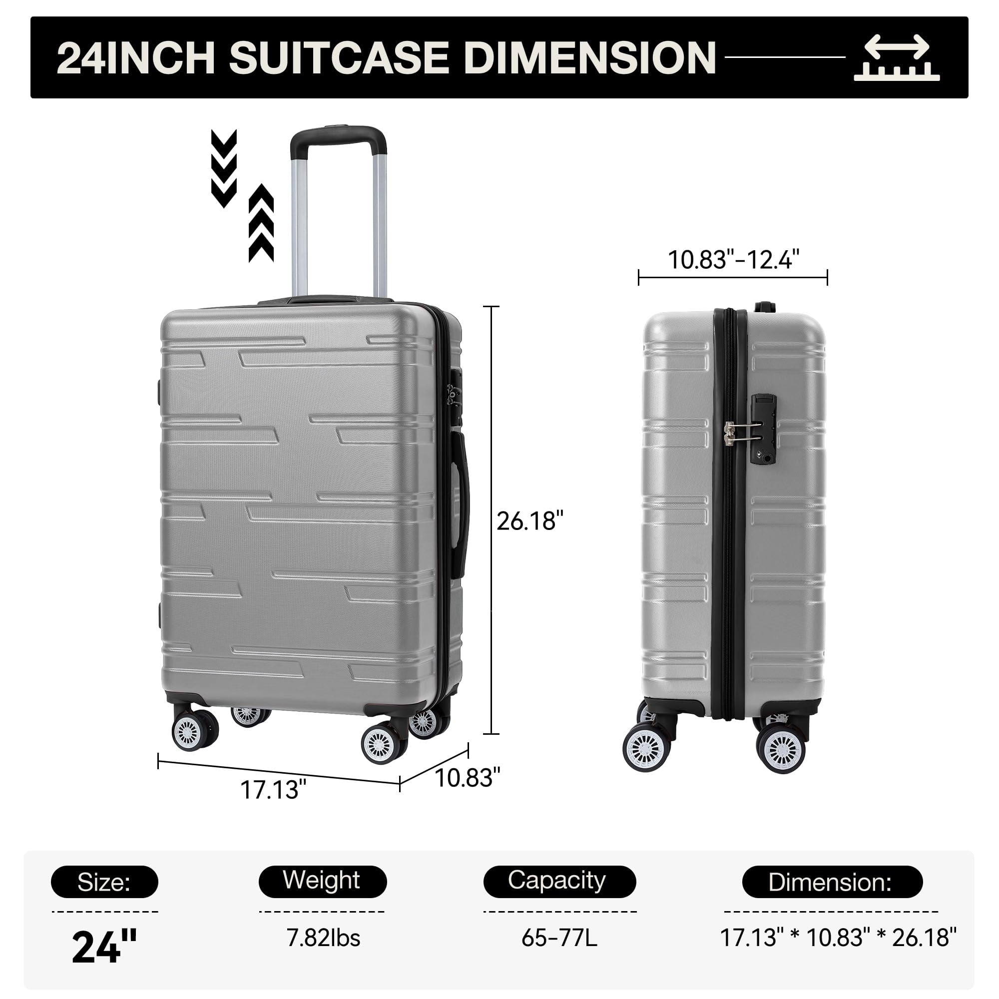 24" Expandable Hard Shell Carry On Luggage with No Noise Spinner Wheels, 77L ABS Hardside Carry On Suitcase with TSA Lock, Lightweight Hardshell Suitcase with Adjusts in 3 Stages for Trips, Vacations
