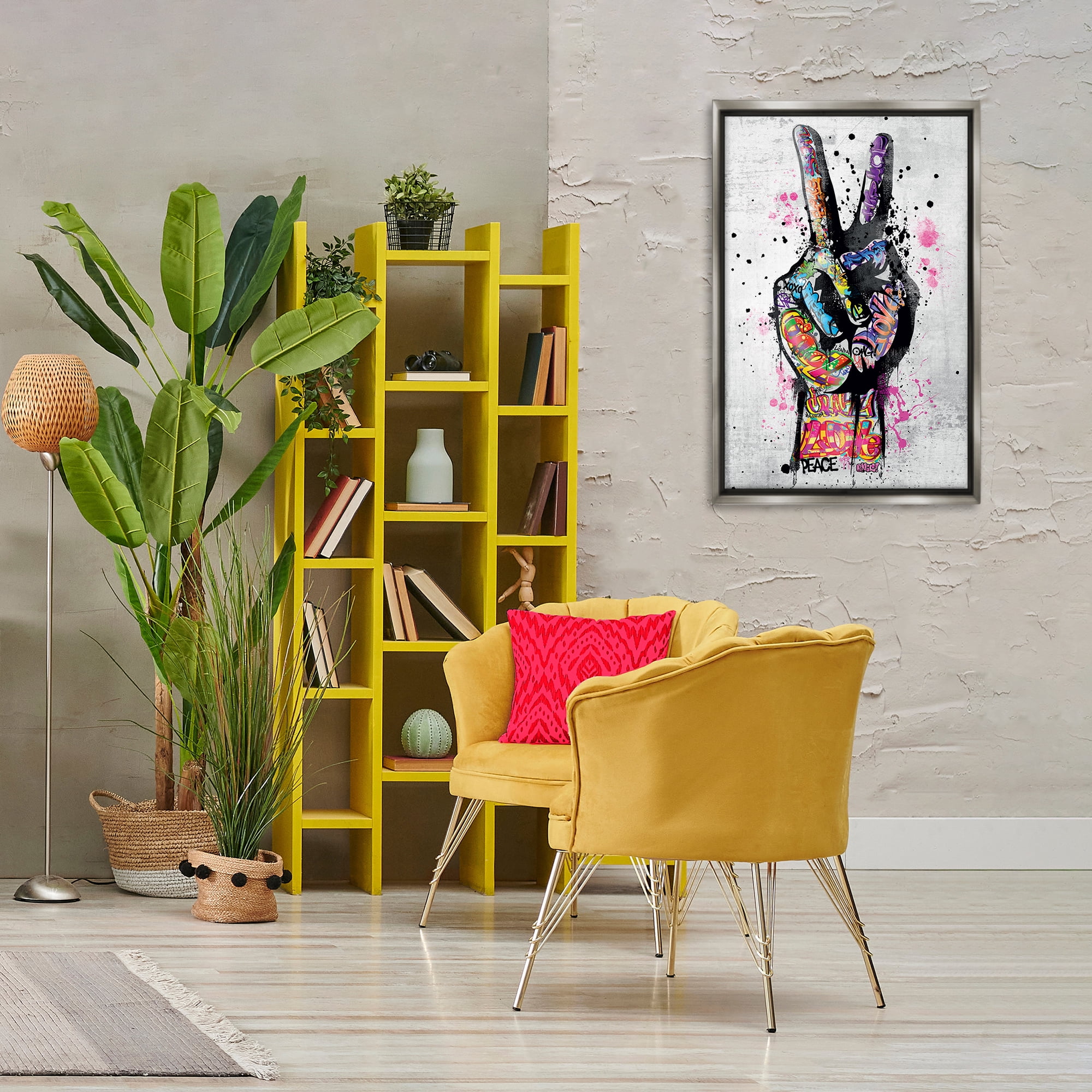 Stupell Industries Urban Tattooed Peace Hand Abstract Painting Gray Floater Framed Canvas Art Print Wall Art, 21 x 31