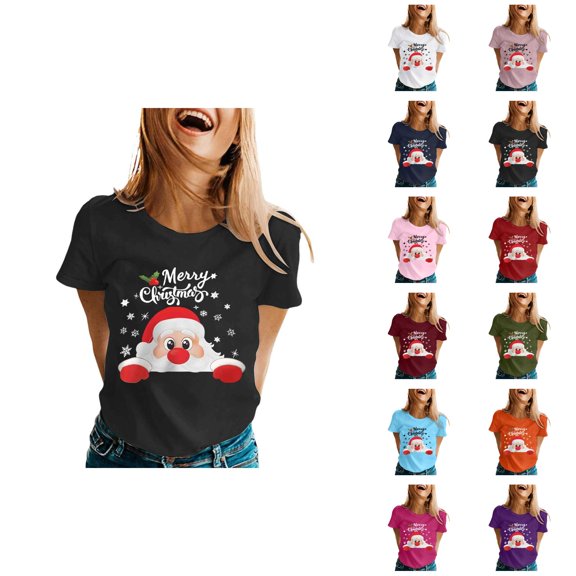 Merry Christmas Tshirts Women Short Sleeve Casual Crewneck Cute Santa Claus Graphic Tees Holiday Party Tops