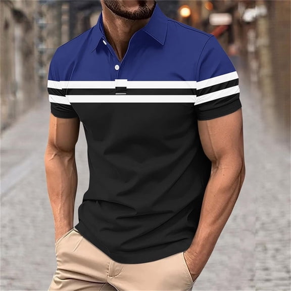 VgaVtl Men Polo Shirts Short Sleeve Big and Tall Summer Collared Shirt Men Athletic Button Blue Casual Striped Shirts