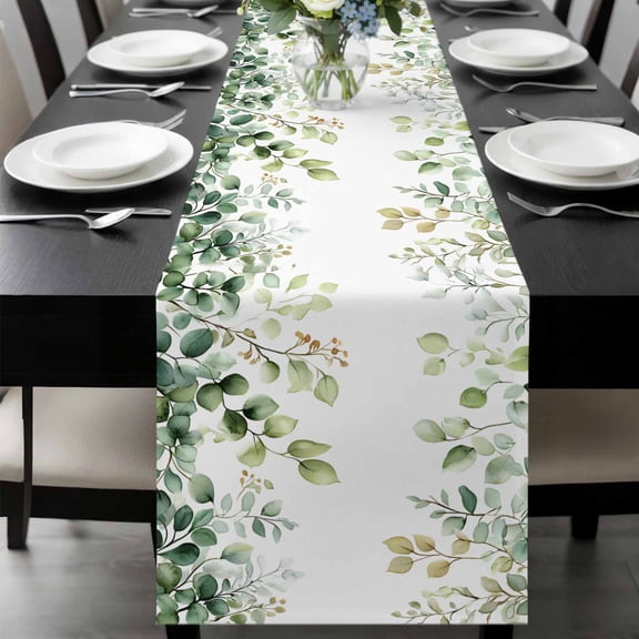 Eucalyptus Table Runner 36 Inches Long, Sage Green Brown Leaf Boho Minimalist White Kitchen Coffee Dining Table Decoration for Home Party Birthday Wedding Home Decor 13x36 Inches