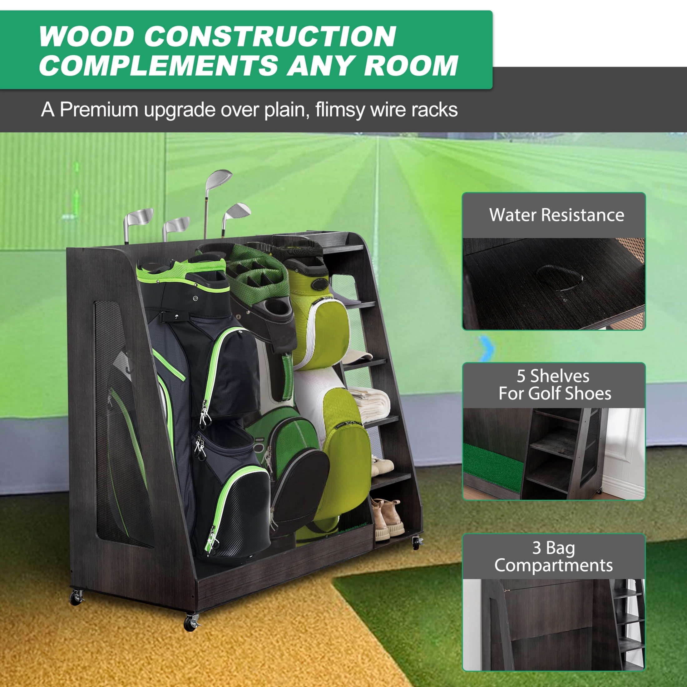 Noble House 47" Wooden Golf Bag Organizer with Storage Drawers and Club Side Rack, Heavy Duty for Garage, Black