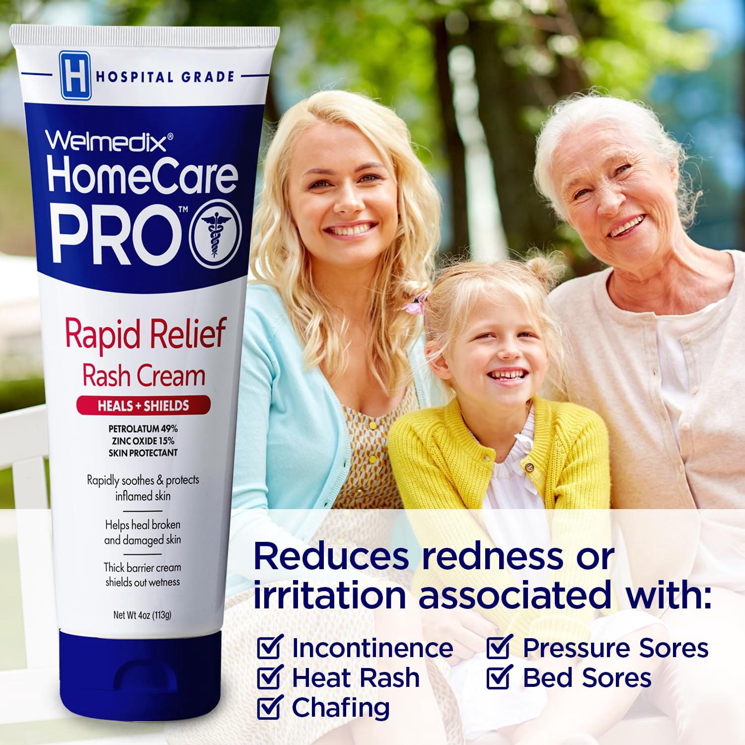 Welmedix HomeCare Pro Rapid Relief Diaper Rash Cream with Zinc Oxide, Skin Protectant for Adults & Babies with Fragile Skin - 4 oz Tube (3 Pack)