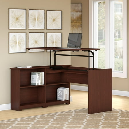 Bush Furniture Cabot 52W 3 Position Sit to Stand Corner Bookshelf Desk in Harvest (Best Sitting Position For Back)