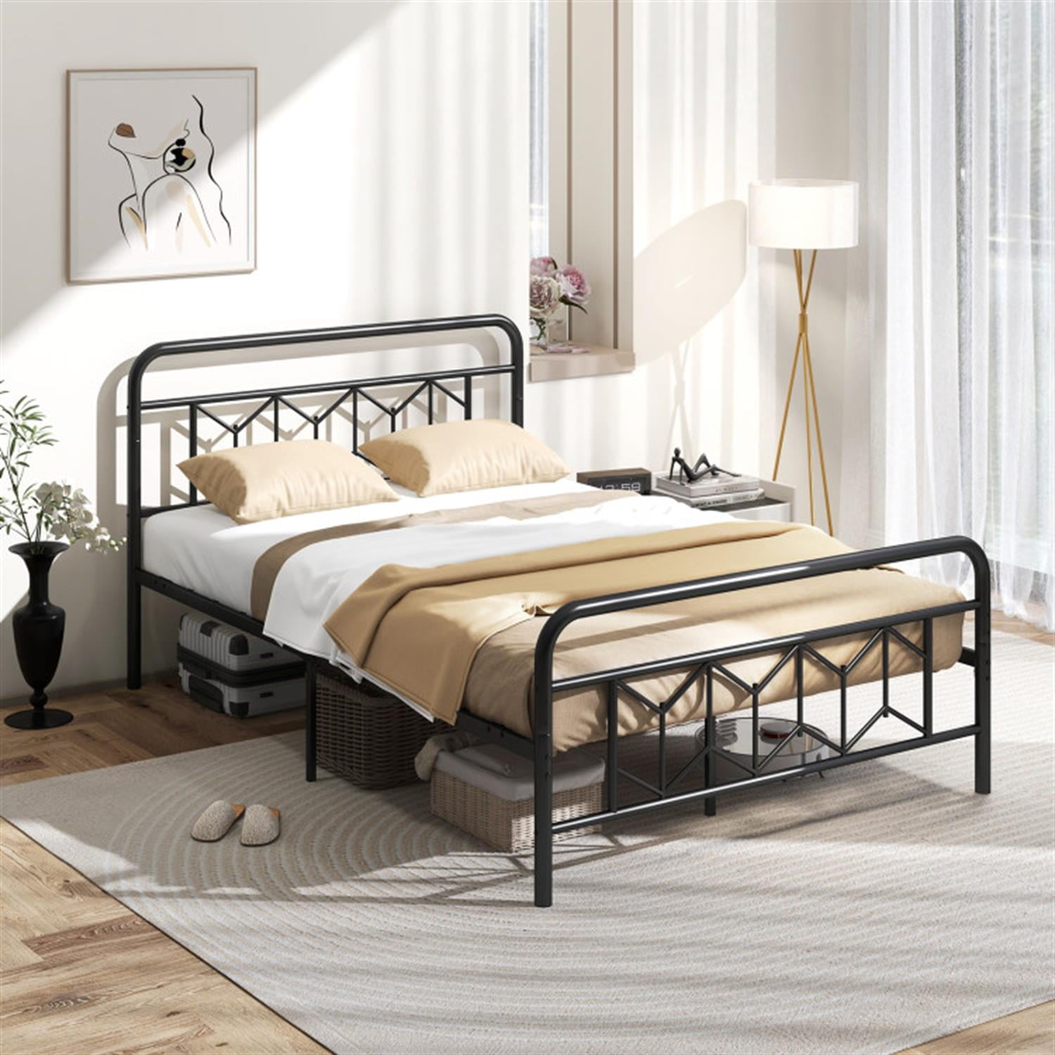 Demi Bonn Full Size Bed Frame with High Headboard and Snap Lock Metal Slats, Platform Bed Frame with Under Bed Storage, No Box Spring Needed, Black