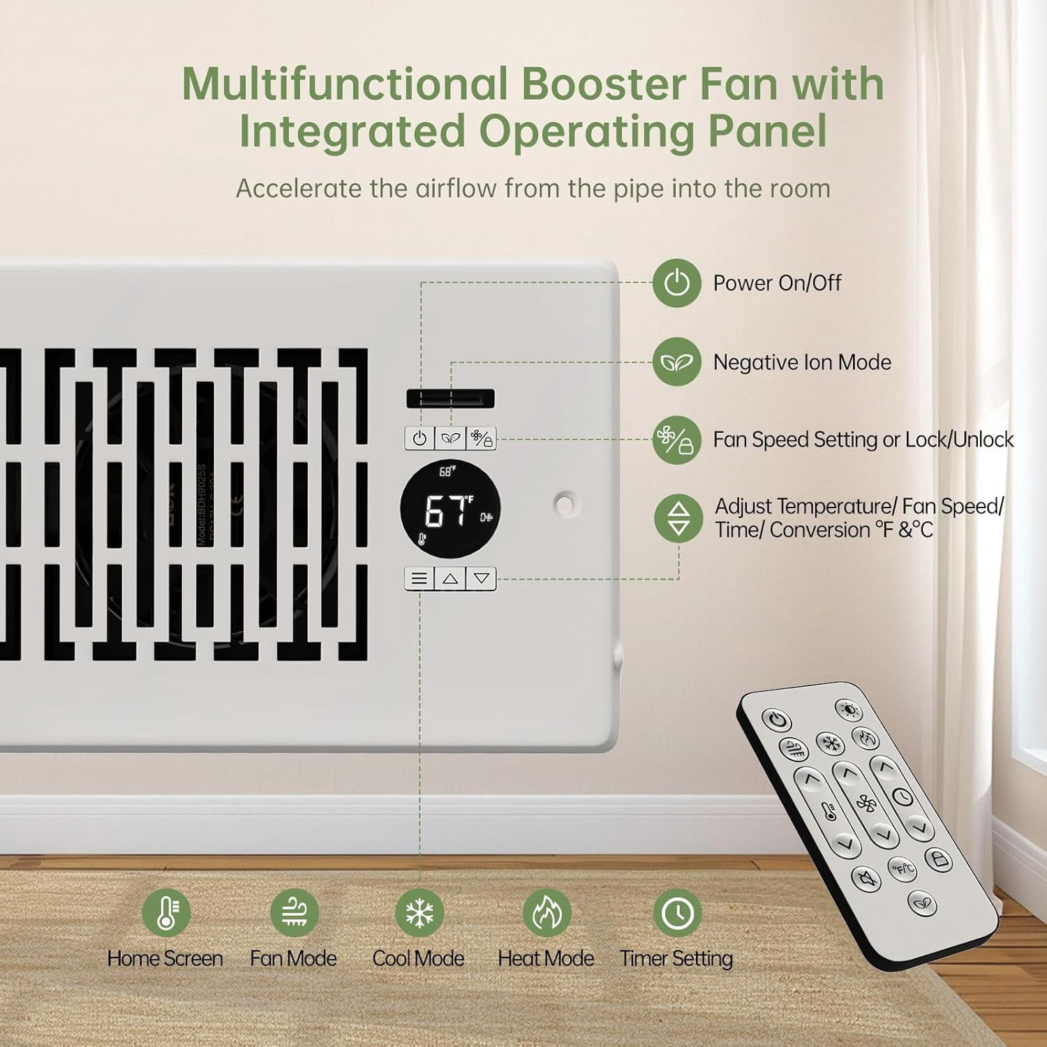 Register Booster Fan Fits 4' x 10' Register Holes, Smart Control Heating Cooling AC Vent Fan, 10-Speed Quiet Register Vent Booster Fans with Thermostat Control & Remote Control