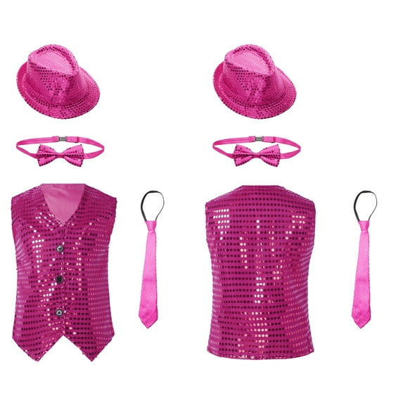 renvena Unisex Kids Jazz Hip-hop Dance Sequins Tank Top Vest with Hat and Bowtie Necktie Waistcoat Set Hot Pink 13-14
