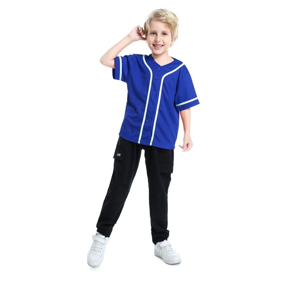 Toptie Boys Baseball Jersey, Kids Button Down Jersey T Shirt Softball-Blue White-8T