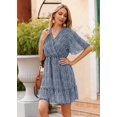 thumbnail image 4 of Maskion Women's Summer Casual Floral Dress Cross V Neck Ruffle Short Sleeve Flowy Mini Wedding Dresses with Belt,XL Dark Blue, 4 of 6