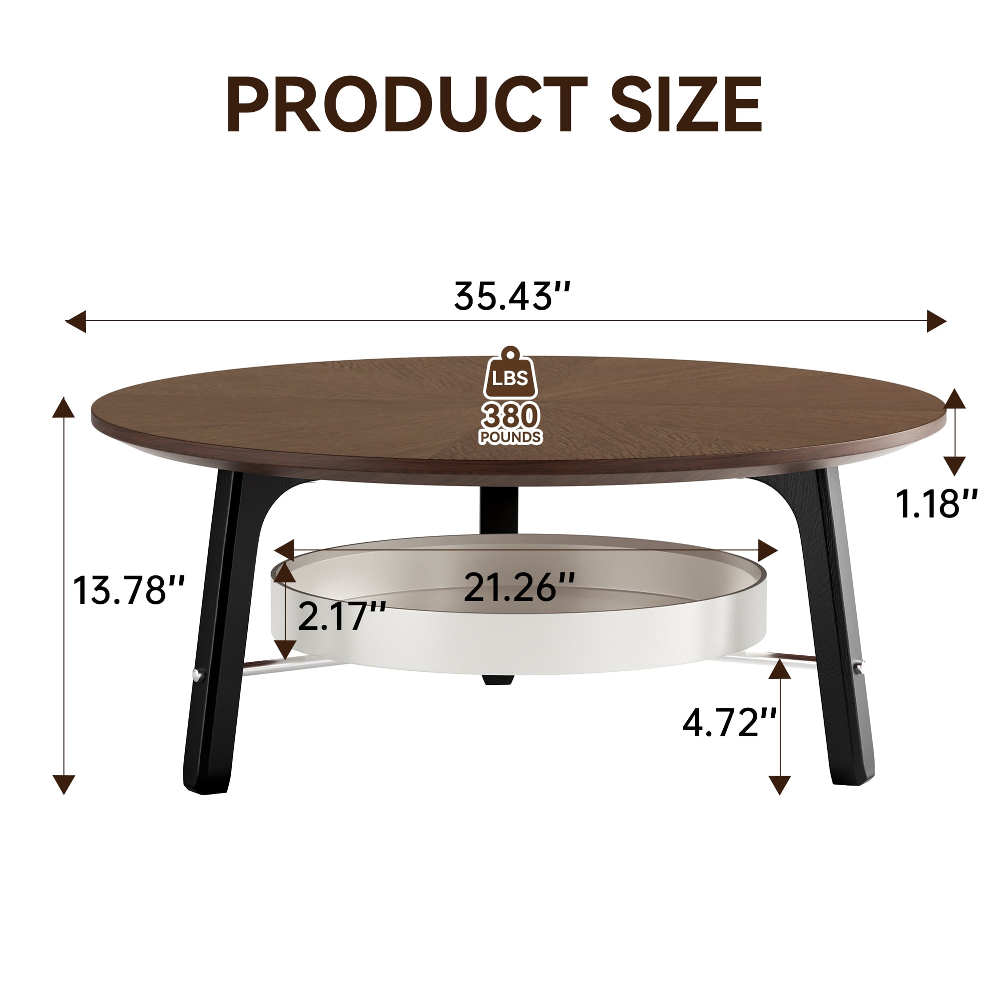 Leumius Round Coffee Table with Storage Shelf, Modern Minimalist Center Table for Living Room Walnut